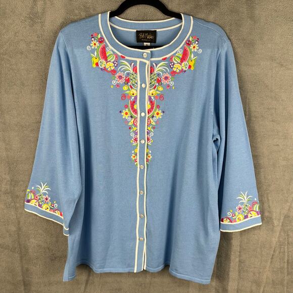 Bob Mackie Sweater Womens XL Blue Fruit Floral Embroidered Cardigan Artsy Preppy - Picture 1 of 14